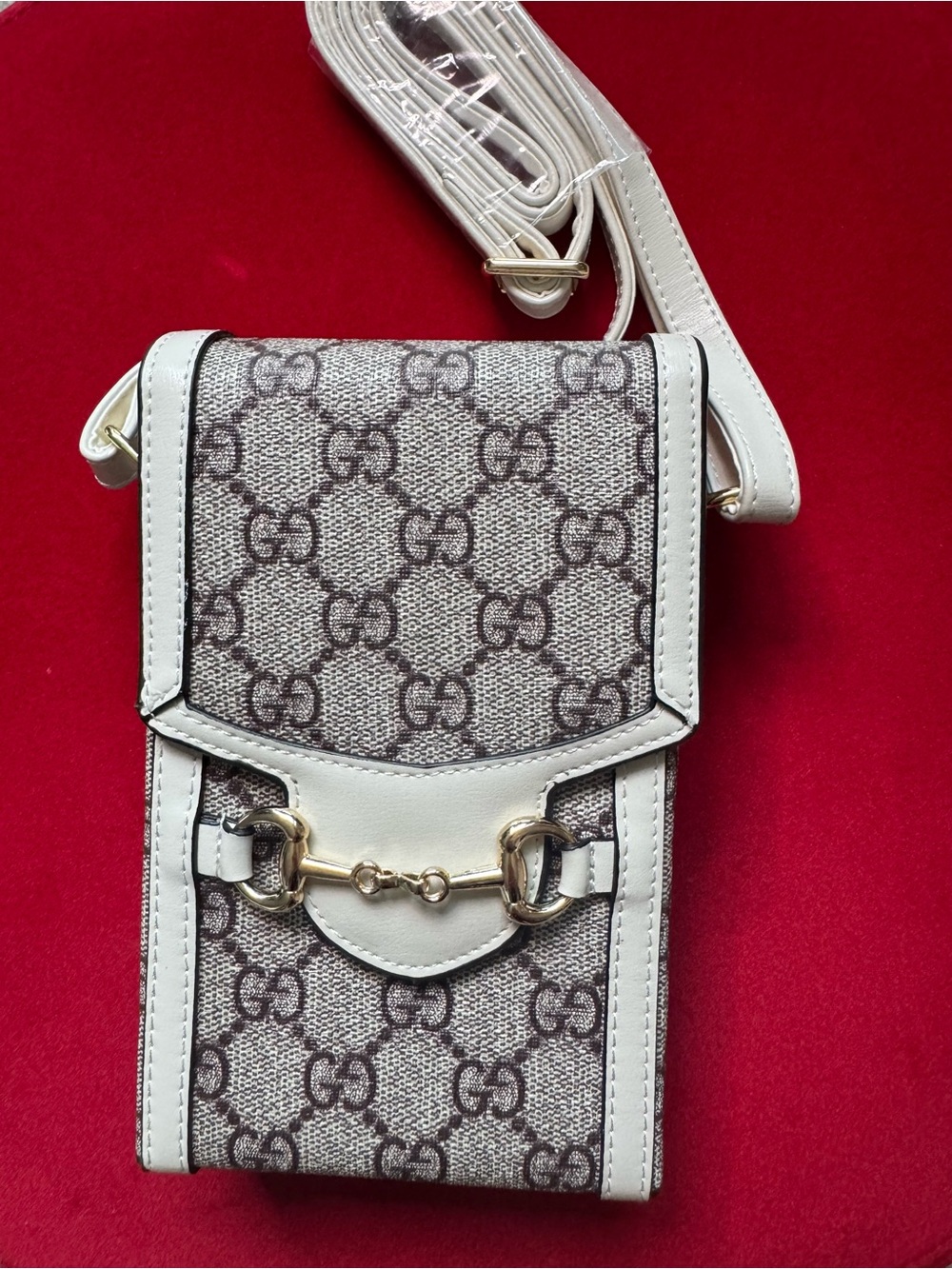 White Beige Gray Monogram Crossbody Phone Case purse with Gold Hardware